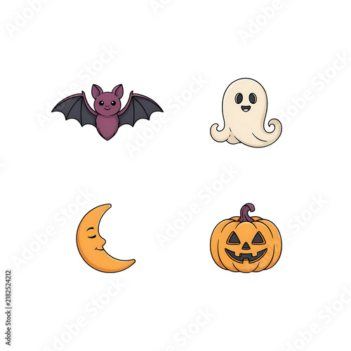Cute halloween icons featuring a bat, ghost, moon, and pumpkin isolated on a transparent background