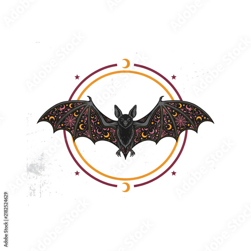 Decorative halloween bat with celestial patterns inside a circle isolated on a transparent background