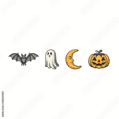 Halloween bat, ghost, crescent moon, and jack o lantern pumpkin isolated on a transparent background