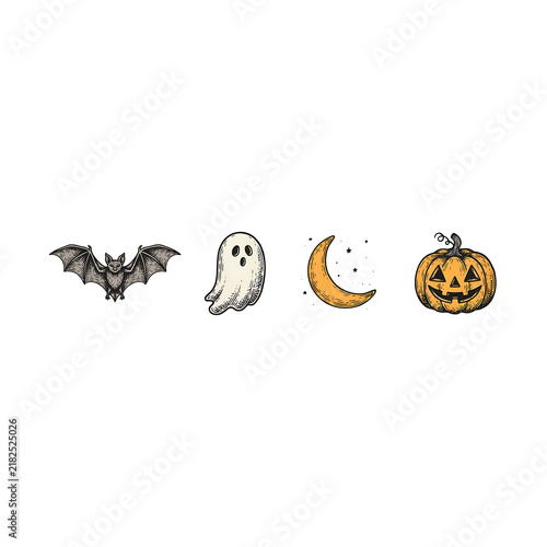 Hand drawn bat, ghost, crescent moon, and jack o lantern pumpkin isolated on a transparent background