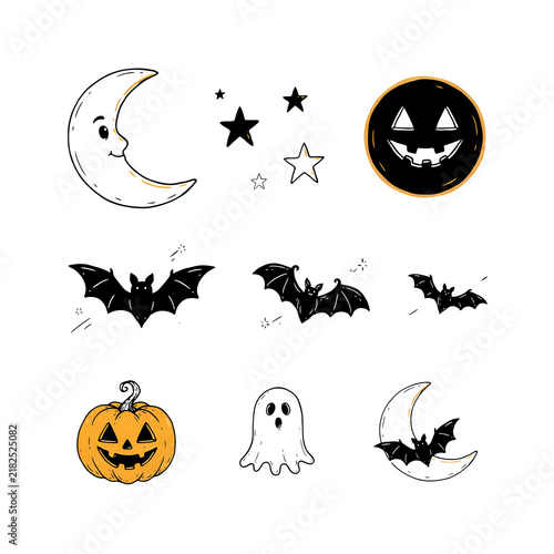 Hand drawn halloween icons featuring a pumpkin, ghost, bats, and moon isolated on a transparent background