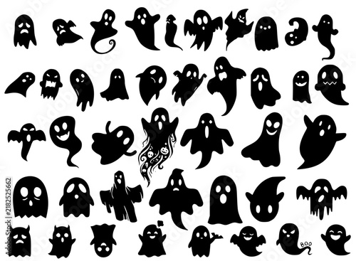Spooky Halloween ghost silhouette vector collection featuring various cute and creepy ghost characters, expressions, flying phantoms, and halloween elements