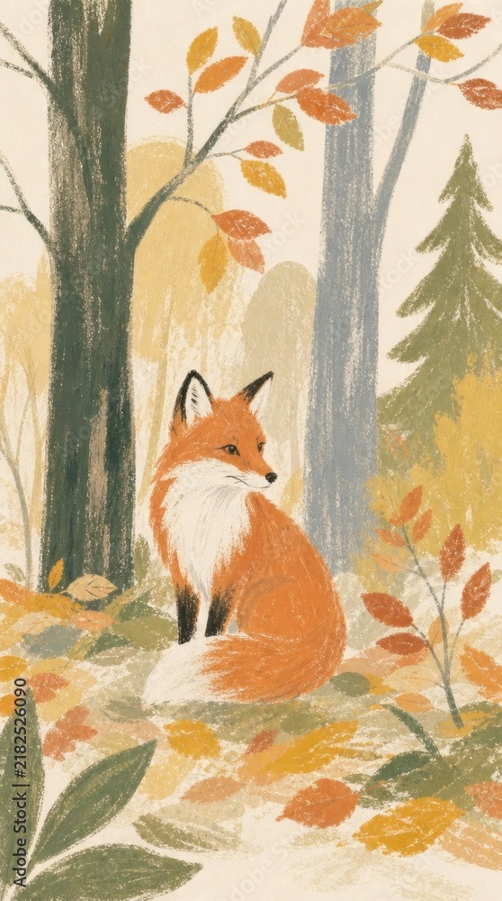 Fototapeta premium Illustrated fox in autumn forest, perfect for mobile wallpaper.