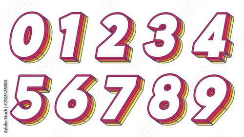 Numbers 0-9 written in retro three-dimensional text graphic style