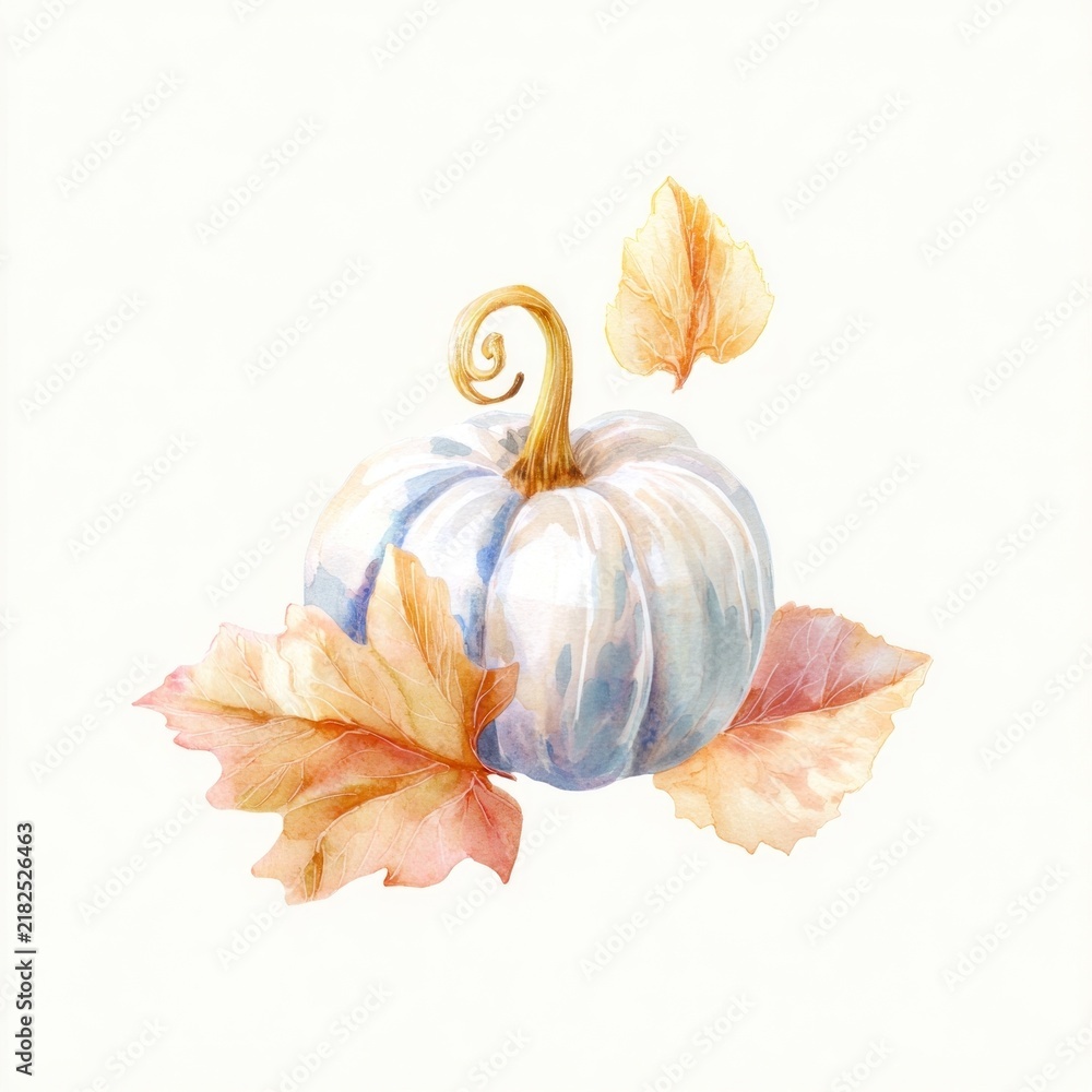 Obraz premium Watercolor pumpkin with autumn leaves illustration.
