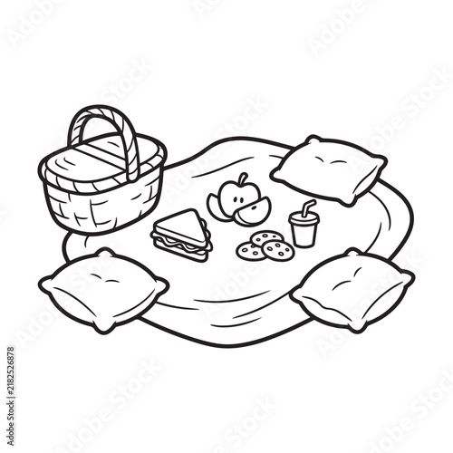 Cute Outdoor Picnic Setup with Basket, Blanket, Pillows, Sandwich, Apple and Cookies Coloring Page for Kids Vector Illustration