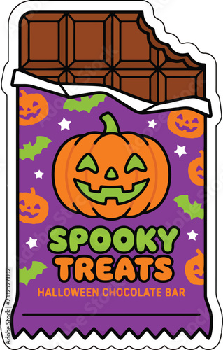 Halloween chocolate bar packaging with pumpkin illustration and spooky treats text