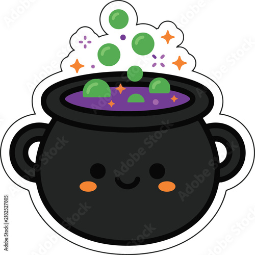 Cartoon cauldron with bubbling potion and handles vector illustration