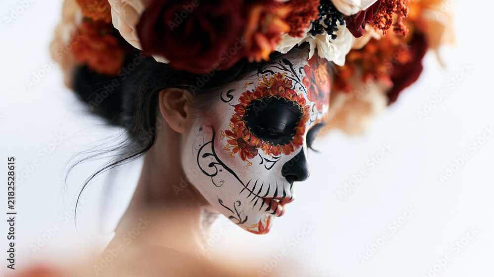 Obraz premium Profile portrait of a young woman disguised for halloween as a catrina face turned to the side and softly out of focus bright clean well lit background intricate floral skull