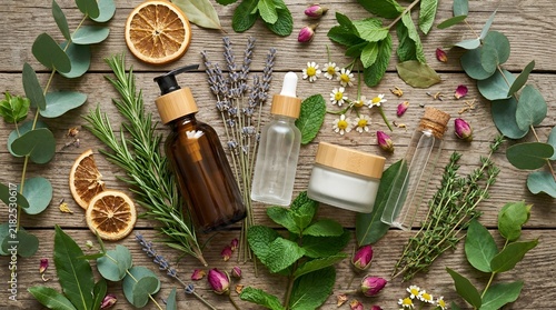 Natural cosmetic products with herbal ingredients, essential oils, and dried plants on wooden background
