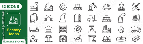 Quadro su tela 32 Factory Vector Outline Icons Set – Manufacturing, Industrial Equipment, Produ
