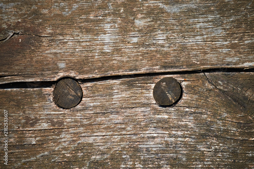 Bild auf Leinwand Old weathered wooden board texture with crack and two round dowels
