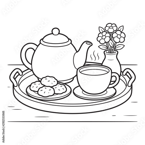 Cozy Tea Set with Teapot, Tea Cup, Cookies and Flower Vase on Serving Tray Coloring Page for Kids Vector Illustration
