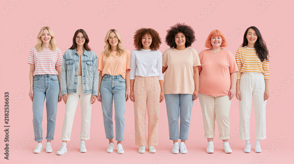 Obraz premium Diverse group of women in casual outfits standing together against a pink background.