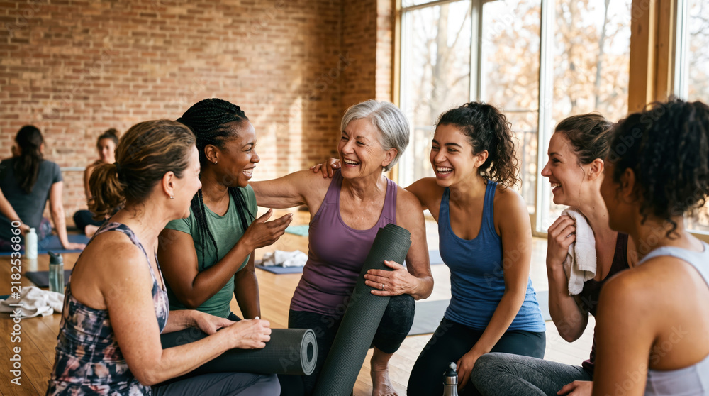 Fototapeta premium Diverse women laughing together with yoga mats in a bright studio after a friendly group fitness class