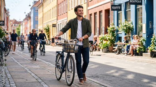 Smiling young man walking a bicycle through a lively city street for sustainable urban transportation