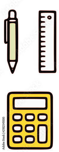 A minimalist flat vector icon set features a pencil, a ruler, and a rectangular shape.