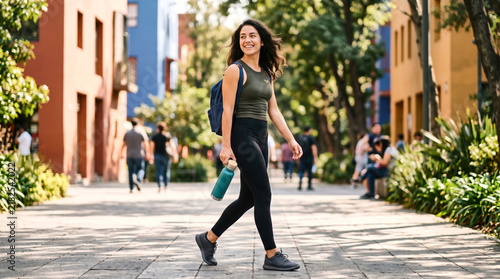 Sporty young woman walking outdoors with reusable water bottle and backpack in a green urban neighborhood