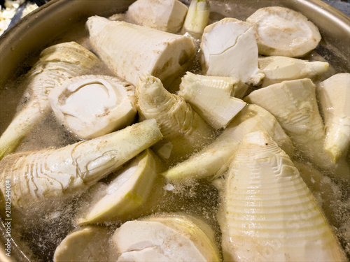 Fresh Bamboo Shoots Cut into Pieces for Cooking