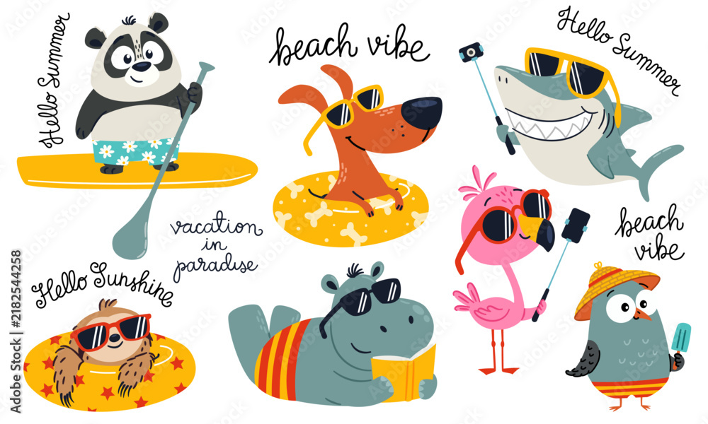Fototapeta premium Cute flat vector collection of summer animals enjoying beach vacations, wearing sunglasses and having fun. Colorful cartoon illustrations for stickers, childrens products, travel and summer designs