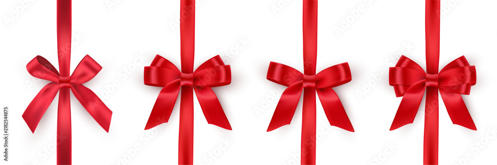 Obraz premium Red ribbon with bow on white background. Gift wrapping decoration element. Present box decoration. Realistic 3d vector illustration.