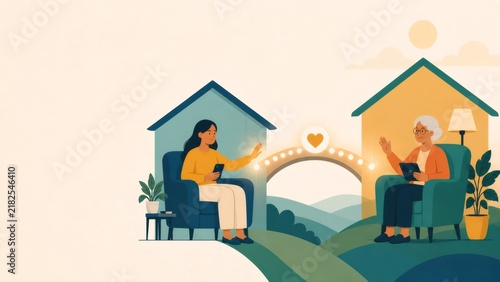 People communicating online, staying connected at long distance, bridging families and care through technology