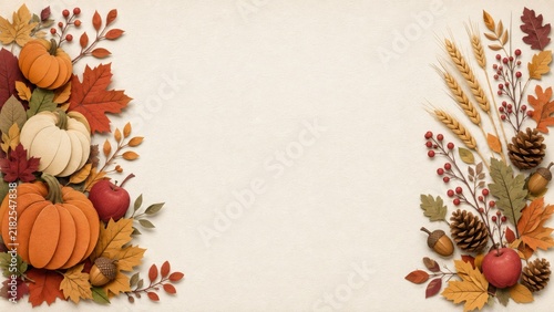 Autumn leaves border.Autumn leaf fall frame. Colorful maple leaves with watercolor background.Christmas or Thanksgiving turkey