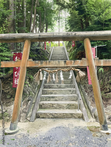 Aekuni Shrine Torii Gate Watercolor Illustration