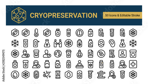 Cryopreservation and medical storage line icons set