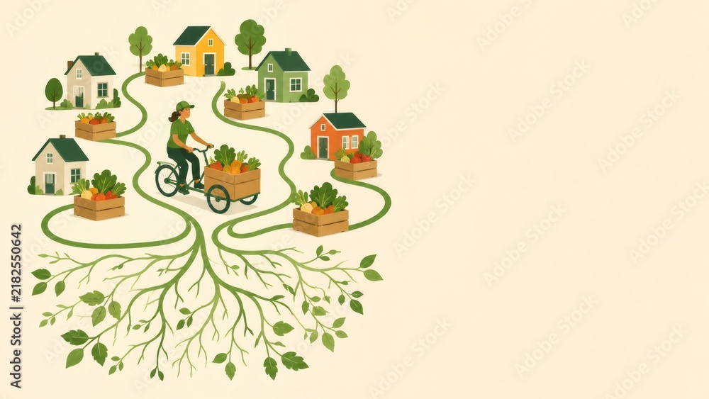 Fototapeta premium Community supported agriculture delivering fresh produce. Roots connecting local farm to neighborhood homes and customers
