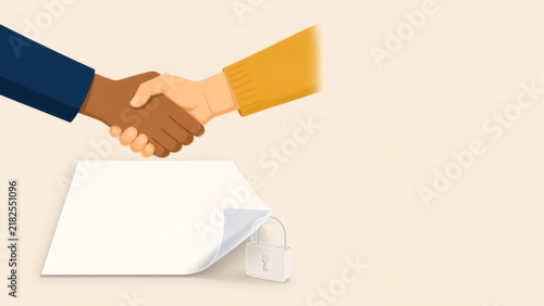 Diverse hands shaking over secured contract document, symbolizing agreement, partnership, and confidentiality