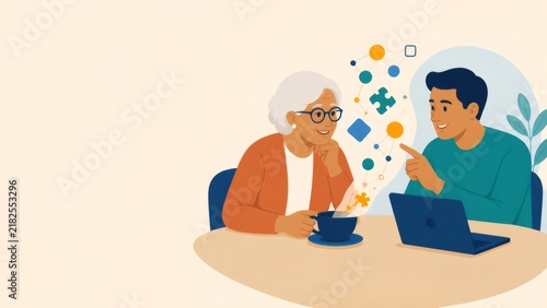 Senior woman learning technology with young man, concept of digital literacy and intergenerational teaching