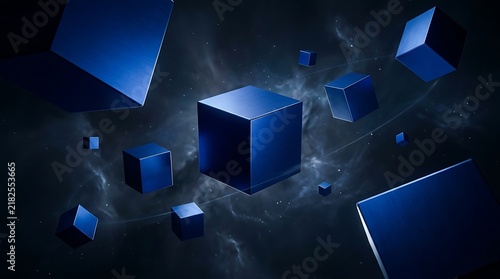 Abstract background featuring floating blue glowing cubes in a dark mysterious space with soft light reflections