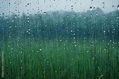 rain drops on window looking at grass