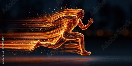 Fiery athlete sprints forward with incredible momentum