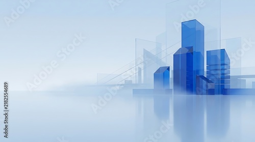 Abstract architectural background with blue glass skyscrapers and soft reflections on a clean minimalist surface
