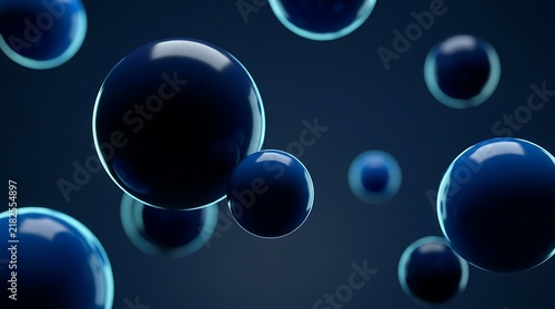 Abstract background with floating dark blue spheres and glowing edges representing science and microscopic cell biology concepts