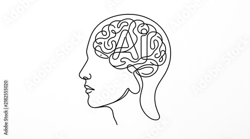 Continuous line art of human head profile with brain and AI lettering intelligence artificial minimalist technology