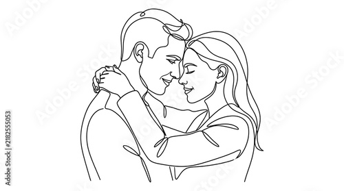 Continuous line art illustration of a loving couple face to face with minimalism affection silhouette minimalist