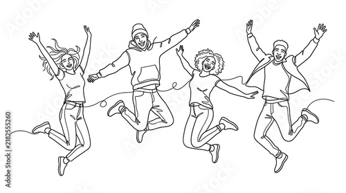 Continuous line art of happy young people jumping with joy continuous celebration minimalist illustration monochrome