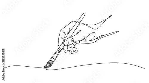 Line drawing of a human hand holding a paintbrush making a stroke with paintbrush illustration creative monochrome