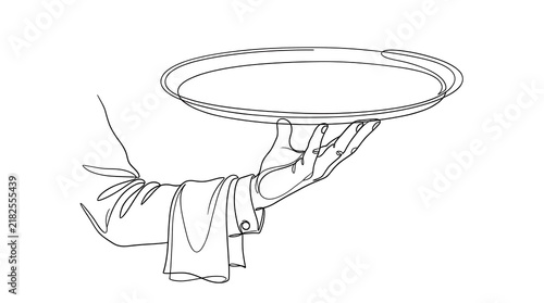 Line drawing of a waiter hand holding an empty serving tray with a napkin restaurant hospitality illustration catering