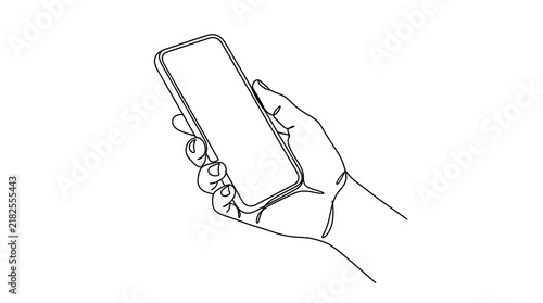 Line drawing of a hand holding a smartphone in an angled orientation with smartphone technology illustration monochrome