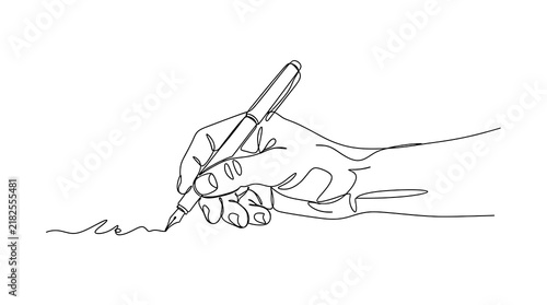 Minimalist single continuous line drawing of a human hand writing with a creative single line artistic representation