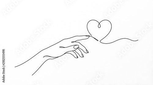 Minimalist single continuous line drawing of a human hand touching a heart symbol on white background with minimalist