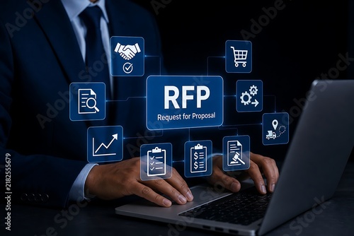 Businessman typing on laptop with request for proposal rfp holographic interface icons