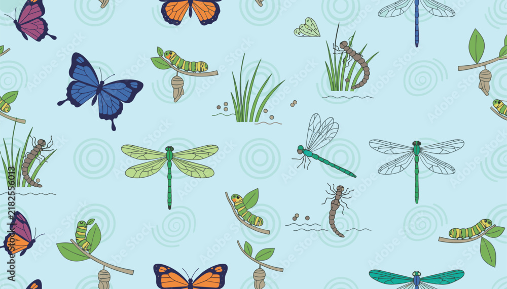 Fototapeta premium Detailed pattern of various insects like butterflies dragonflies and caterpillars amidst green grass and water ripples on a light blue background.