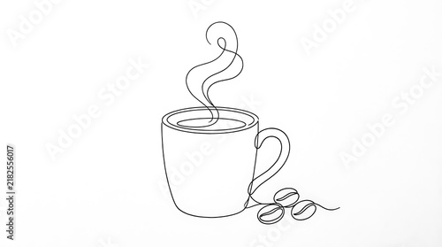 Continuous single line drawing of a hot cup of coffee with beans minimalist continuous beverage abstract stylized