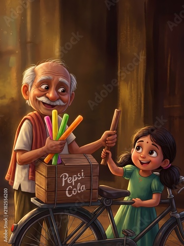 Heartwarming digital illustration of a smiling elderly Indian street vendor on a bicycle sharing colorful frozen popsicles with a joyful young village girl.