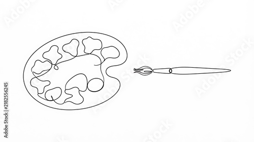 Minimalist single line drawing of an artist paint palette and brush with painting creative minimalist continuous